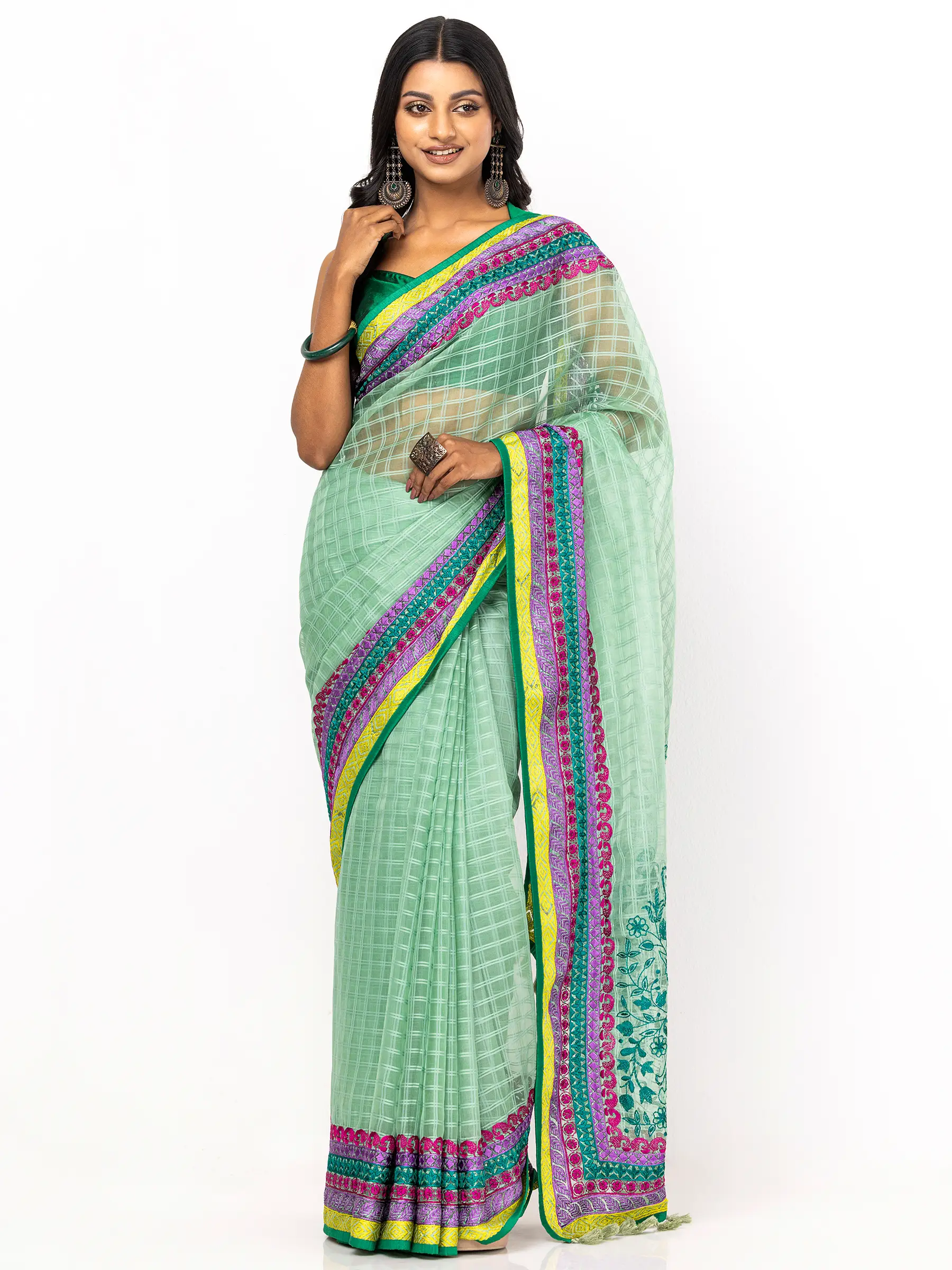 Pea Green Printed and Nakshi Kantha Embroidered Muslin Saree