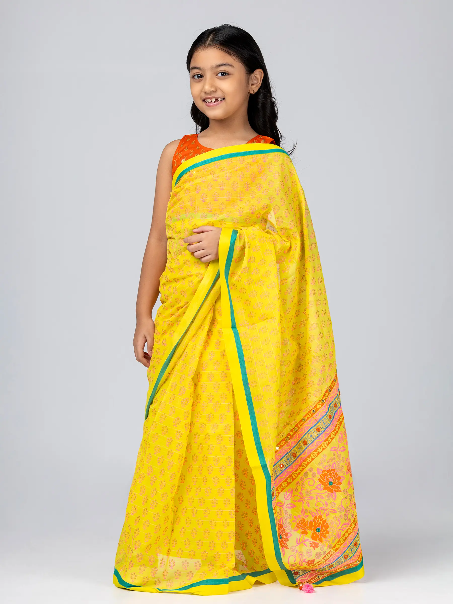 Yellow Printed and Embroidered Mixed Cotton Saree