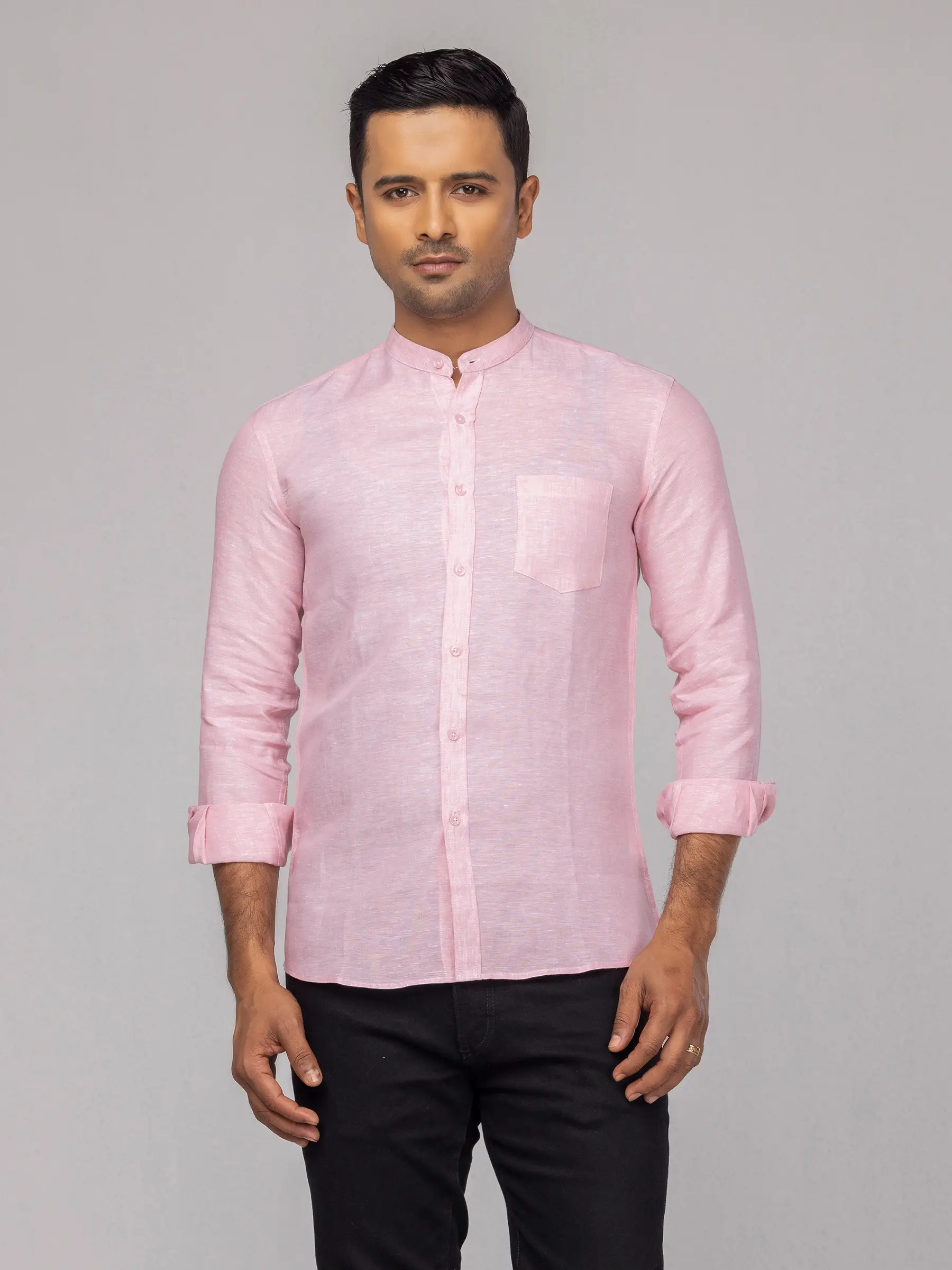 Pink/White Ramie Cotton Fitted Shirt